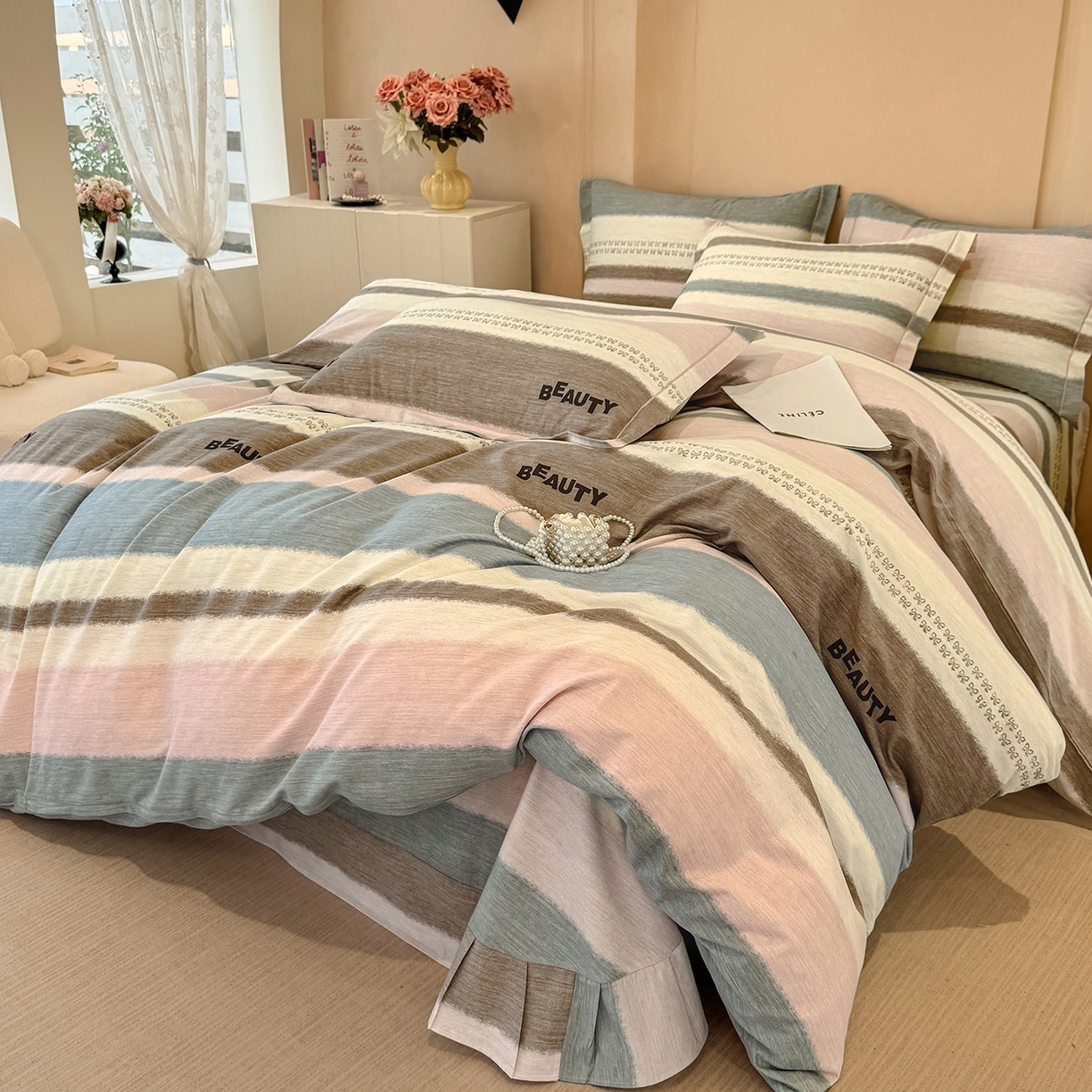 91家纺网 家纺一手货源 找家纺 壹贝家纺 2025新款A类100%全棉加厚磨毛四件套系列 信条主义-咖