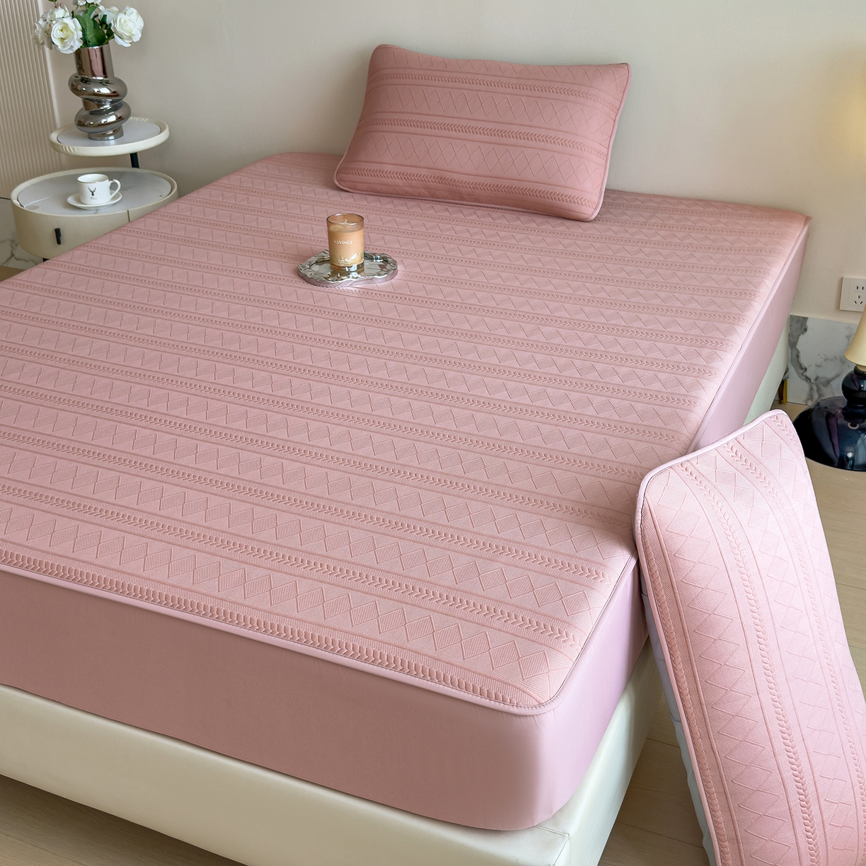 91家纺网 家纺一手货源 找家纺 宜派家纺 2025新款A类柔感彩绒棉夹棉床笠-素菱笺 素菱笺-豆沙奶昔