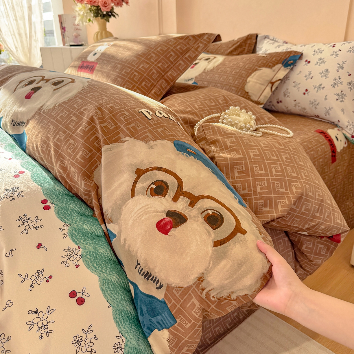 91家纺网 家纺一手货源 找家纺 壹贝家纺 2025新款A类100%全棉加厚磨毛四件套系列 凯宝-咖