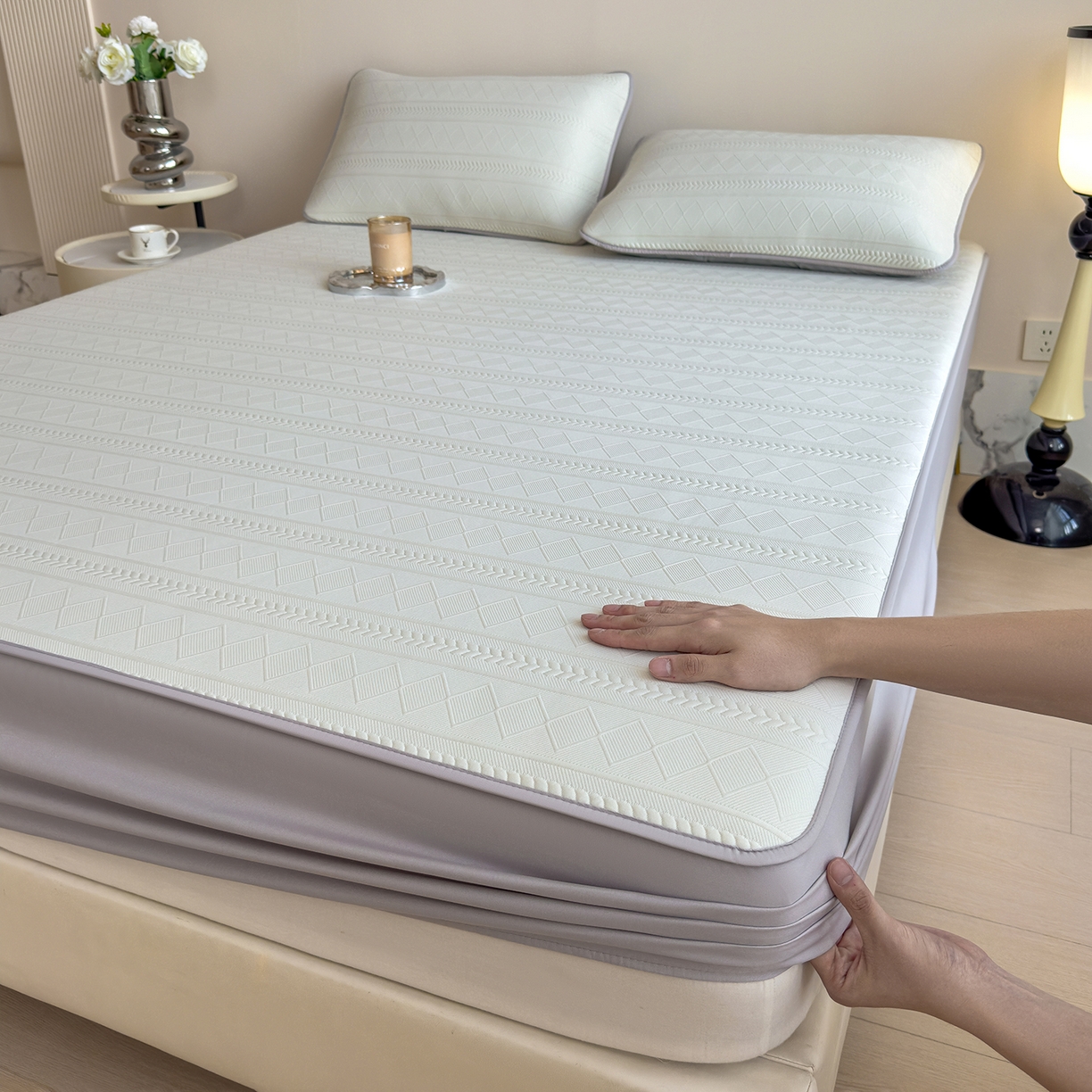 宜派家纺 2025新款A类柔感彩绒棉夹棉床笠-素菱笺 素菱笺-纱雾青