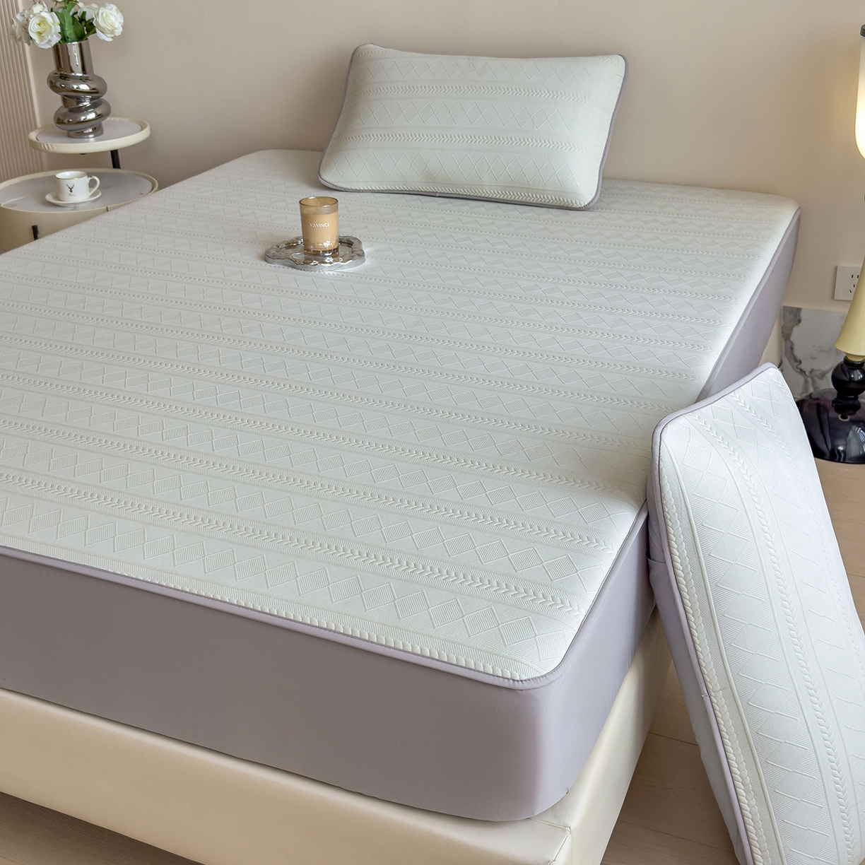 91家纺网 家纺一手货源 找家纺 宜派家纺 2025新款A类柔感彩绒棉夹棉床笠-素菱笺 素菱笺-纱雾青