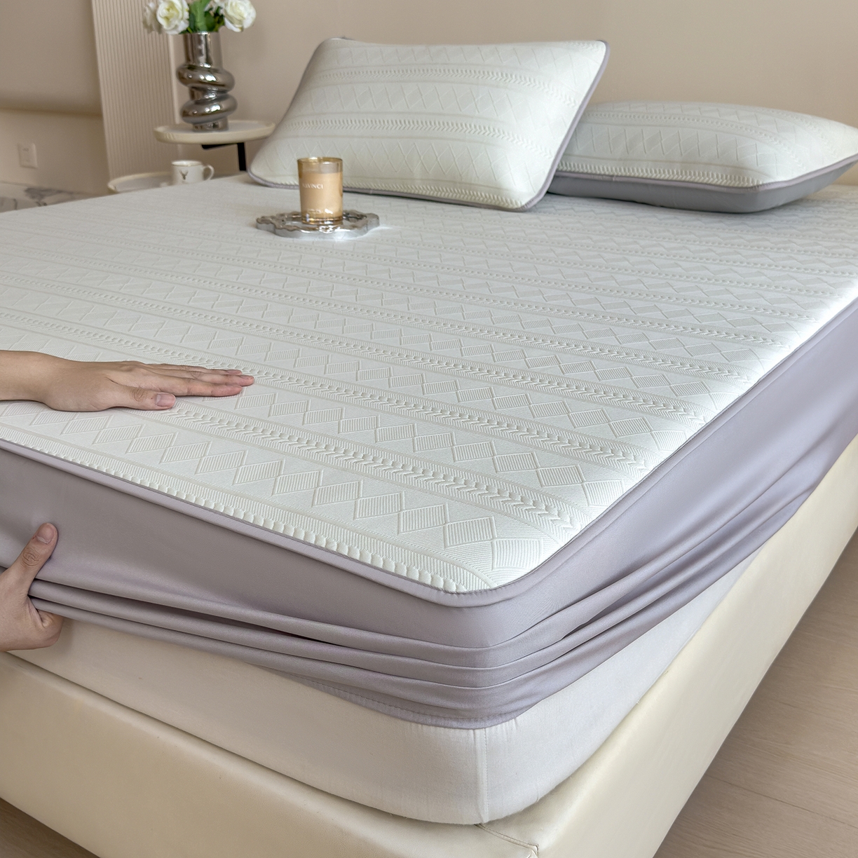 91家纺网 家纺一手货源 找家纺 宜派家纺 2025新款A类柔感彩绒棉夹棉床笠-素菱笺 素菱笺-纱雾青