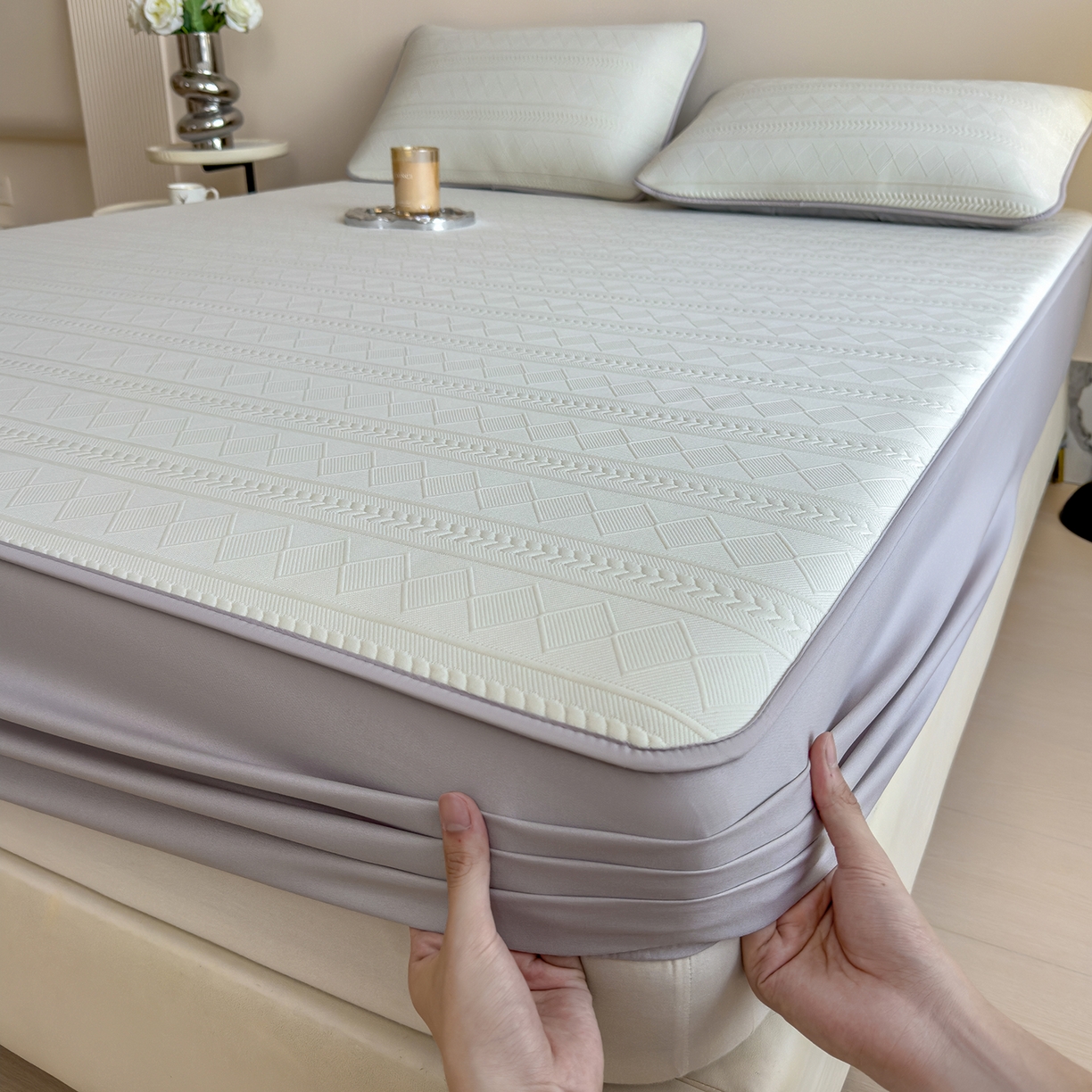 91家纺网 家纺一手货源 找家纺 宜派家纺 2025新款A类柔感彩绒棉夹棉床笠-素菱笺 素菱笺-纱雾青