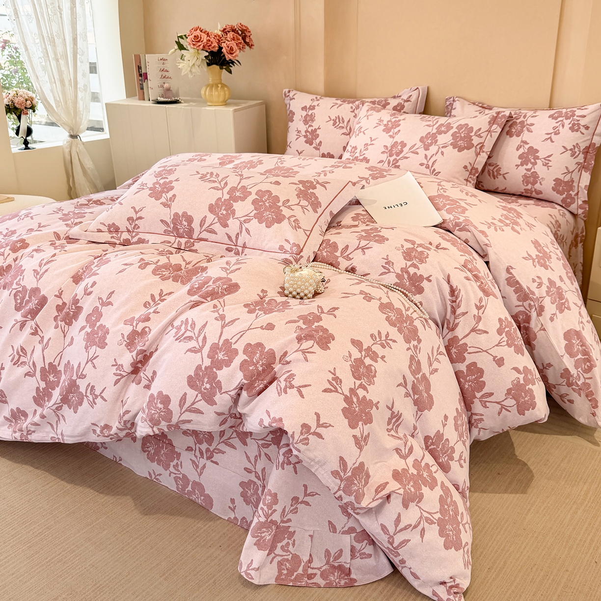 91家纺网 家纺一手货源 找家纺 壹贝家纺 2025新款A类100%全棉加厚磨毛四件套系列 梅花印-粉