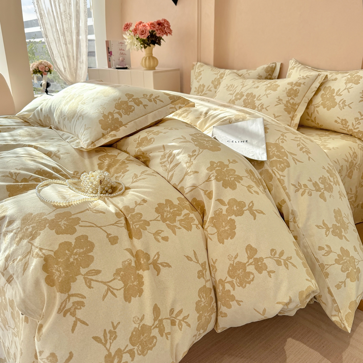 91家纺网 家纺一手货源 找家纺 壹贝家纺 2025新款A类100%全棉加厚磨毛四件套系列 梅花印-黄