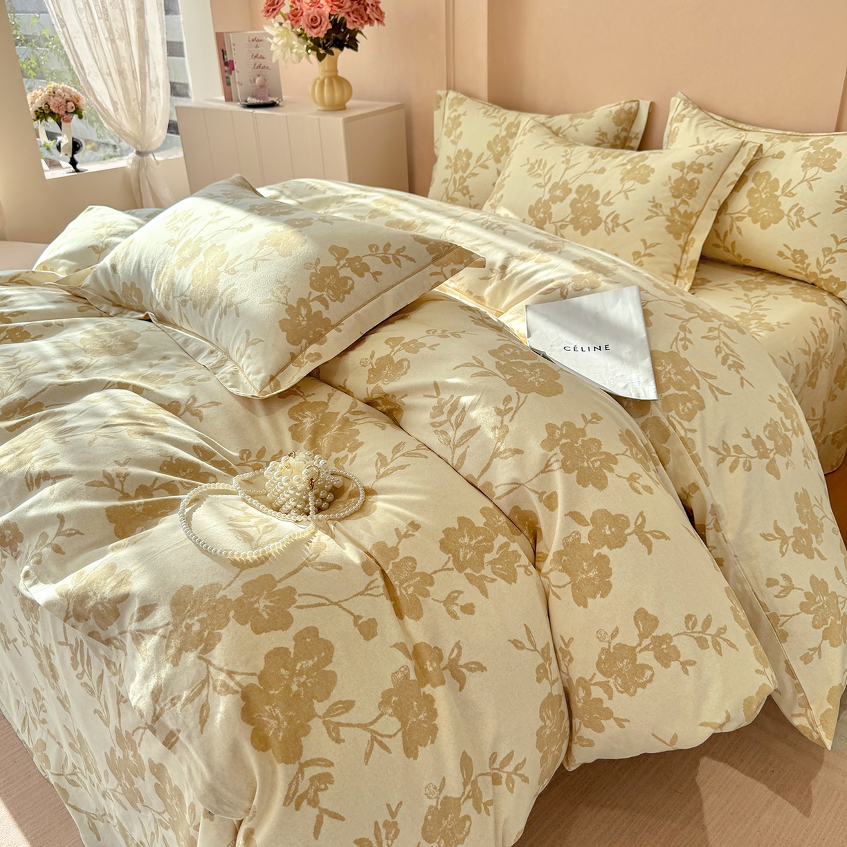 91家纺网 家纺一手货源 找家纺 壹贝家纺 2025新款A类100%全棉加厚磨毛四件套系列 梅花印-黄