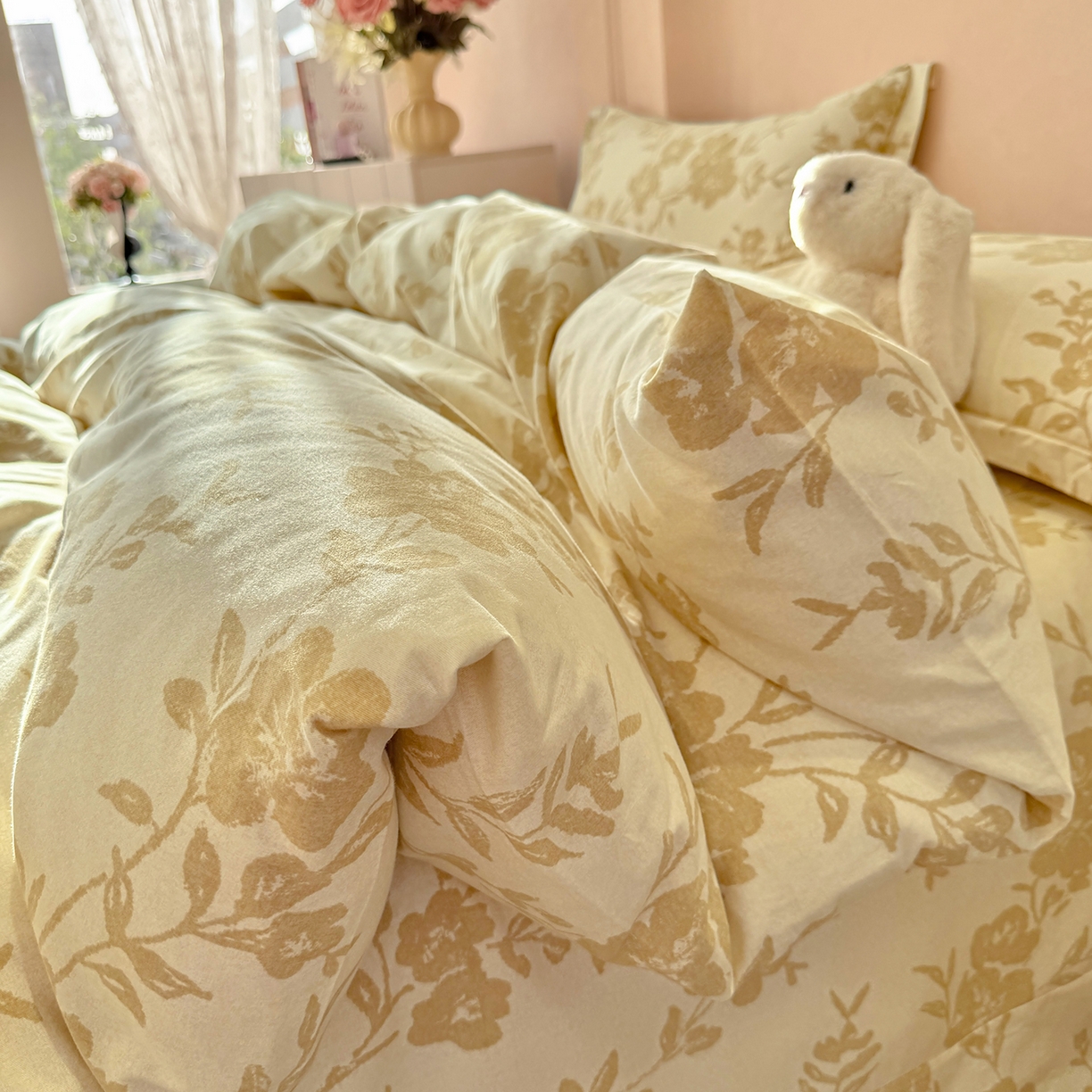 91家纺网 家纺一手货源 找家纺 壹贝家纺 2025新款A类100%全棉加厚磨毛四件套系列 梅花印-黄