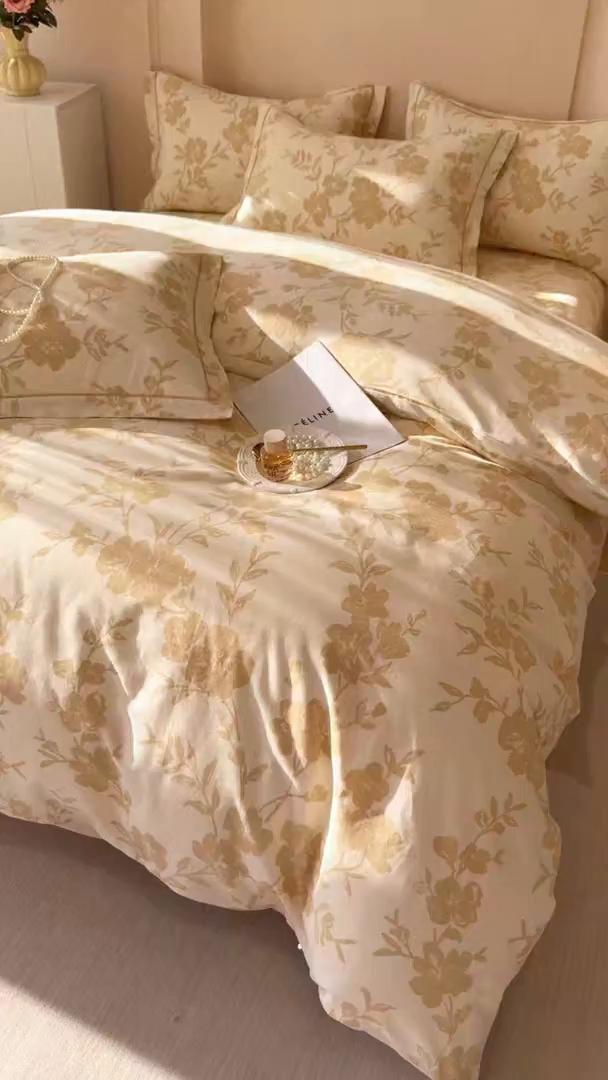 91家纺网 家纺一手货源 找家纺 壹贝家纺 2025新款A类100%全棉加厚磨毛四件套系列 梅花印-黄