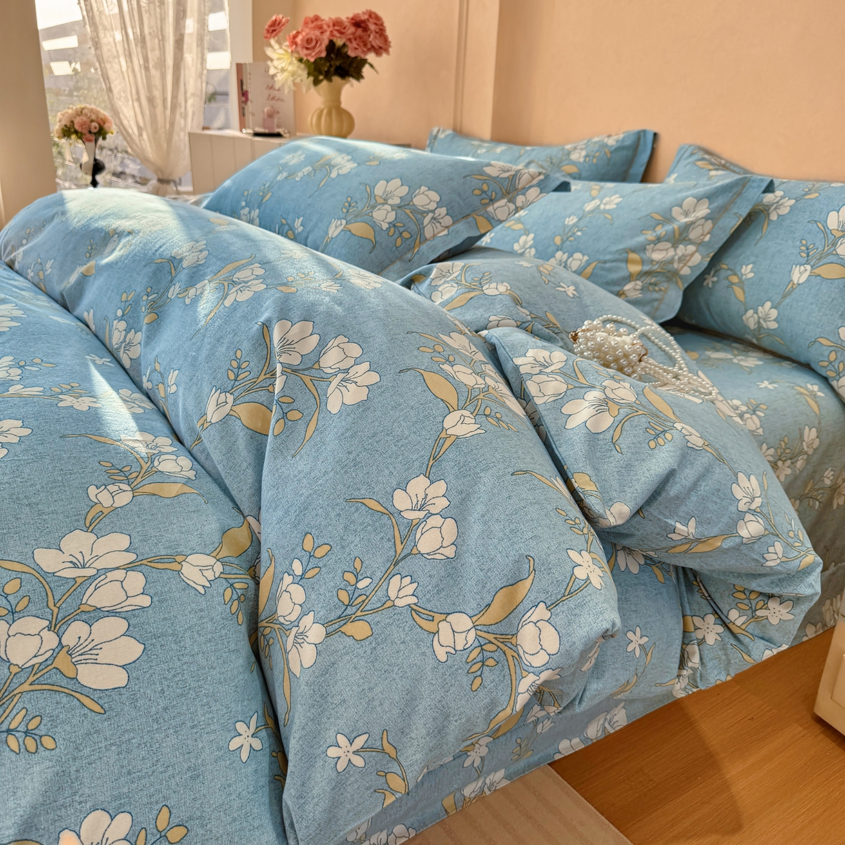 壹贝家纺 2025新款A类100%全棉加厚磨毛四件套系列 蓝莲花