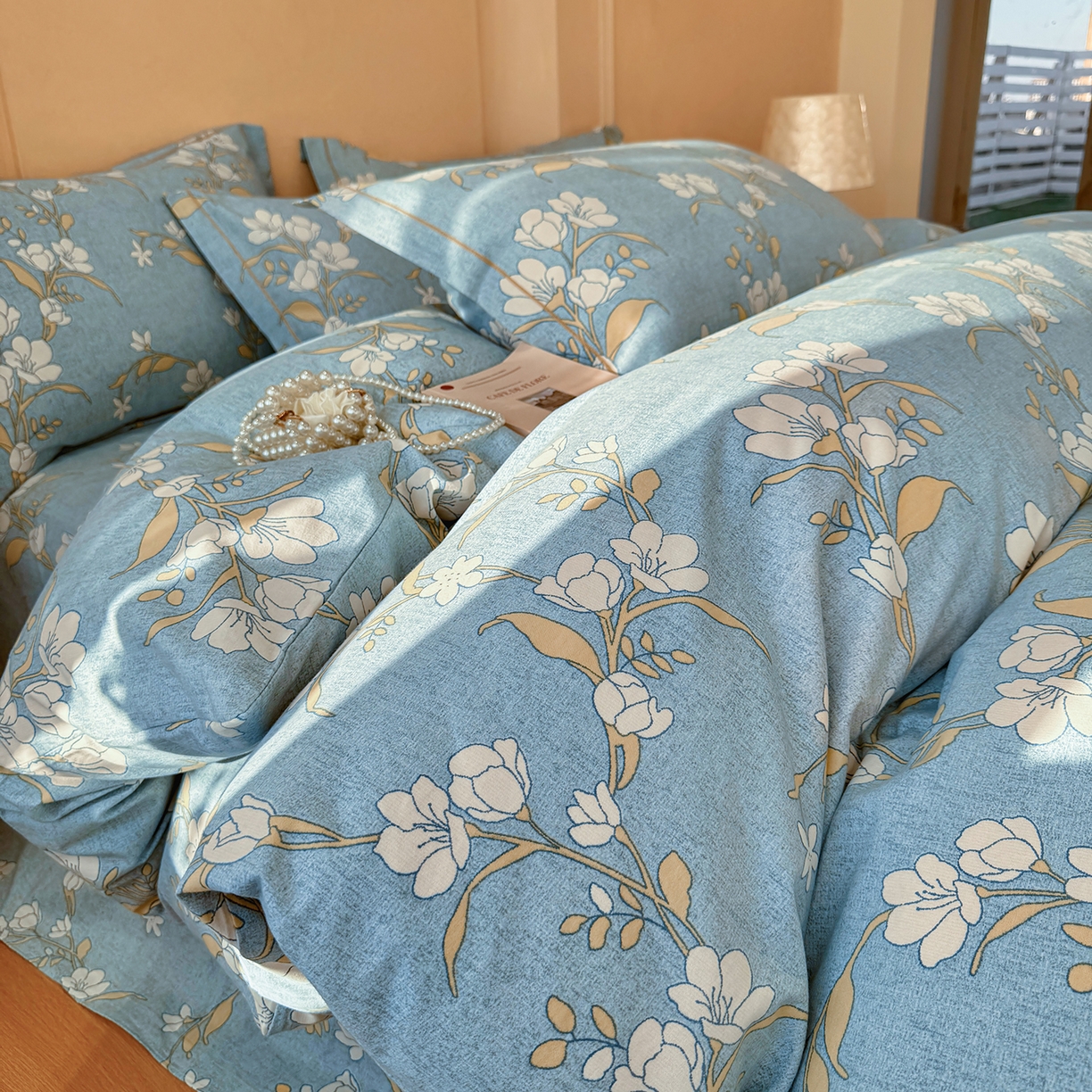 91家纺网 家纺一手货源 找家纺 壹贝家纺 2025新款A类100%全棉加厚磨毛四件套系列 蓝莲花