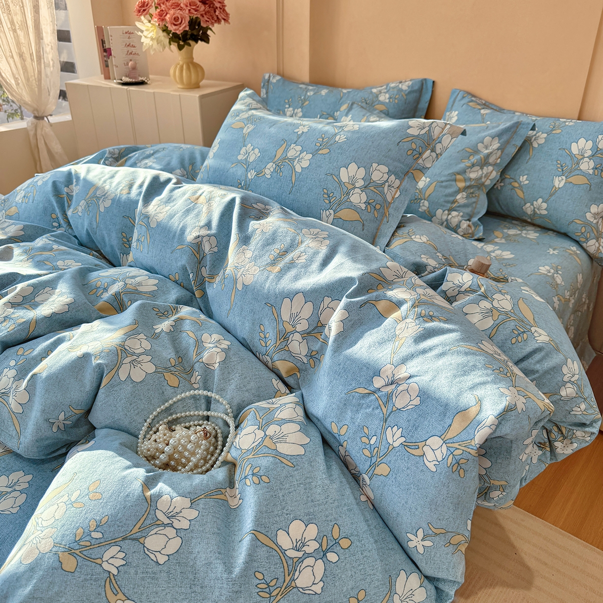 91家纺网 家纺一手货源 找家纺 壹贝家纺 2025新款A类100%全棉加厚磨毛四件套系列 蓝莲花