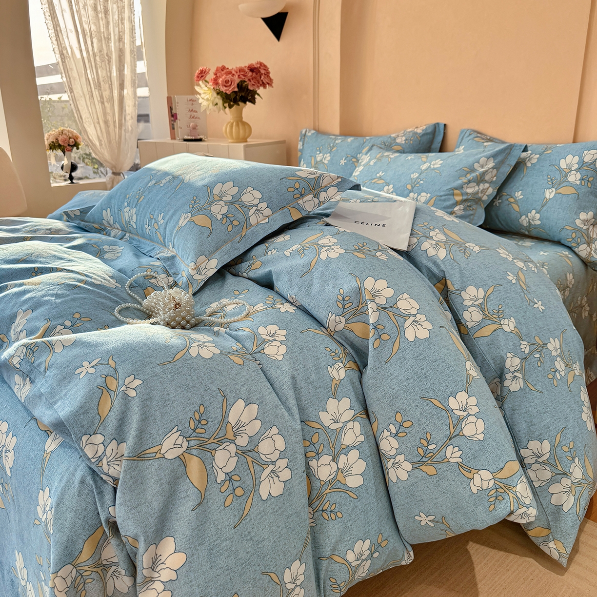 91家纺网 家纺一手货源 找家纺 壹贝家纺 2025新款A类100%全棉加厚磨毛四件套系列 蓝莲花