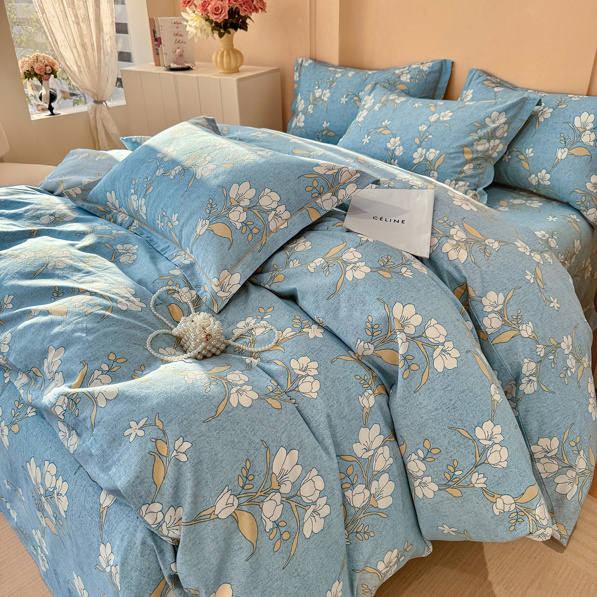 91家纺网 家纺一手货源 找家纺 壹贝家纺 2025新款A类100%全棉加厚磨毛四件套系列 蓝莲花