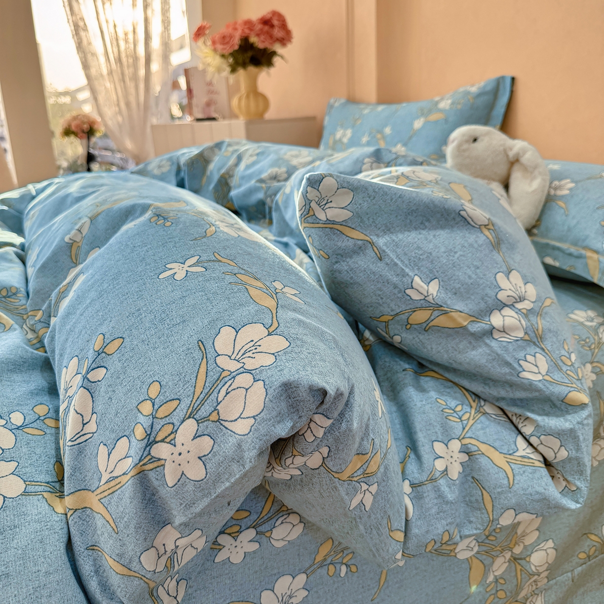 91家纺网 家纺一手货源 找家纺 壹贝家纺 2025新款A类100%全棉加厚磨毛四件套系列 蓝莲花