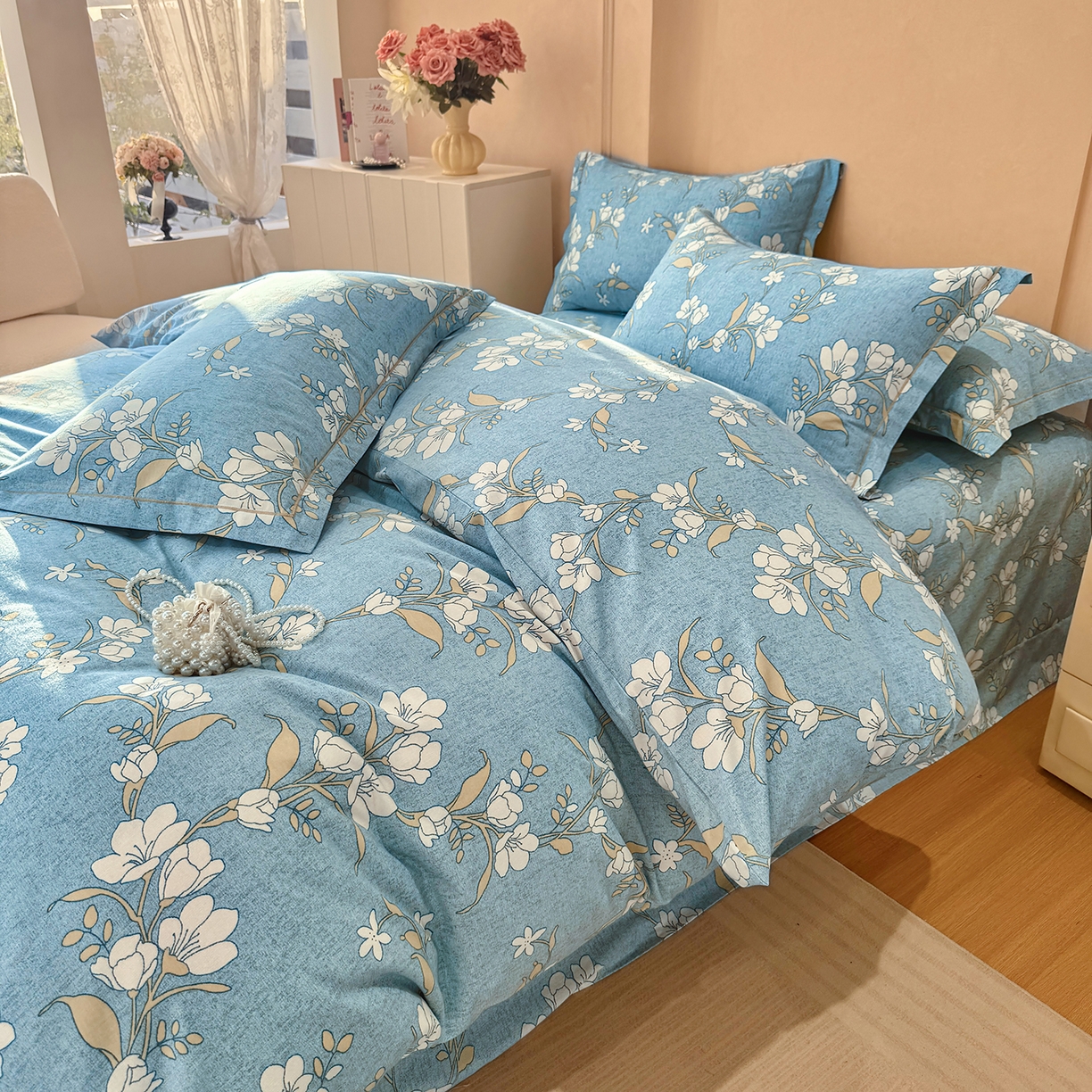 91家纺网 家纺一手货源 找家纺 壹贝家纺 2025新款A类100%全棉加厚磨毛四件套系列 蓝莲花