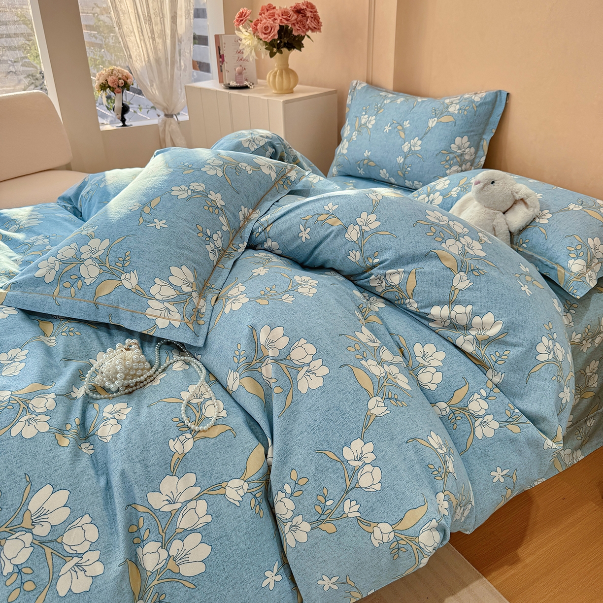 91家纺网 家纺一手货源 找家纺 壹贝家纺 2025新款A类100%全棉加厚磨毛四件套系列 蓝莲花