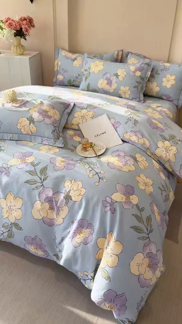 91家纺网 家纺一手货源 找家纺 壹贝家纺 2025新款A类100%全棉加厚磨毛四件套系列 蓝莲花