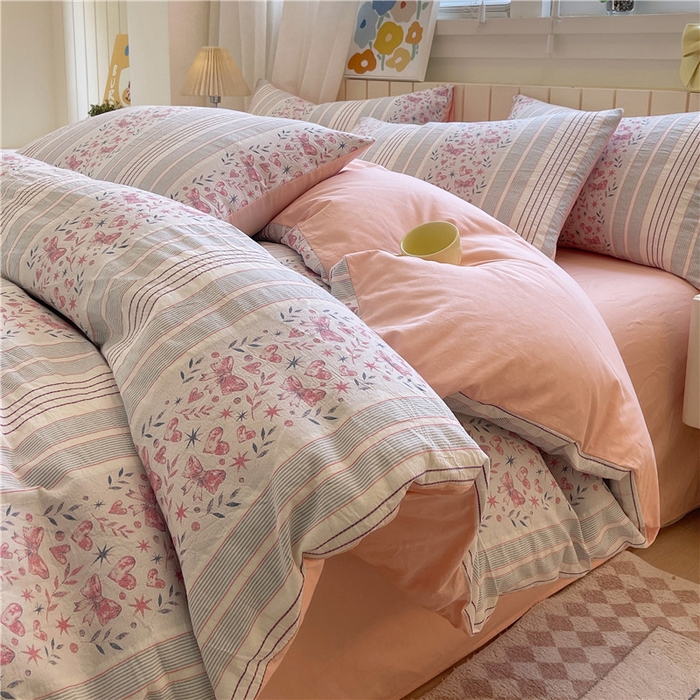 琪格格纺织 2025新款全棉纯棉色织提花小清新四件套 梦蝶-粉