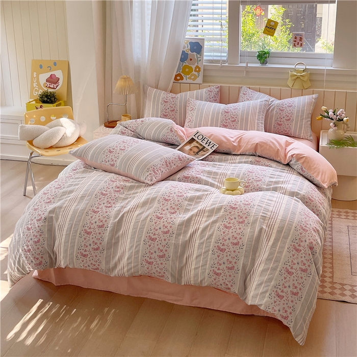 91家纺网 家纺一手货源 找家纺 琪格格纺织 2025新款全棉纯棉色织提花小清新四件套 梦蝶-粉