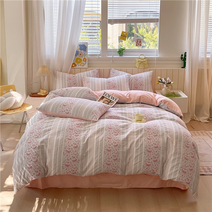 91家纺网 家纺一手货源 找家纺 琪格格纺织 2025新款全棉纯棉色织提花小清新四件套 梦蝶-粉