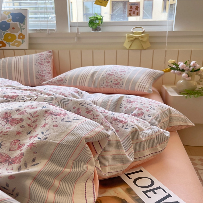 91家纺网 家纺一手货源 找家纺 琪格格纺织 2025新款全棉纯棉色织提花小清新四件套 梦蝶-粉