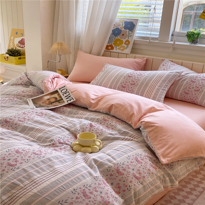 91家纺网 家纺一手货源 找家纺 琪格格纺织 2025新款全棉纯棉色织提花小清新四件套 梦蝶-粉