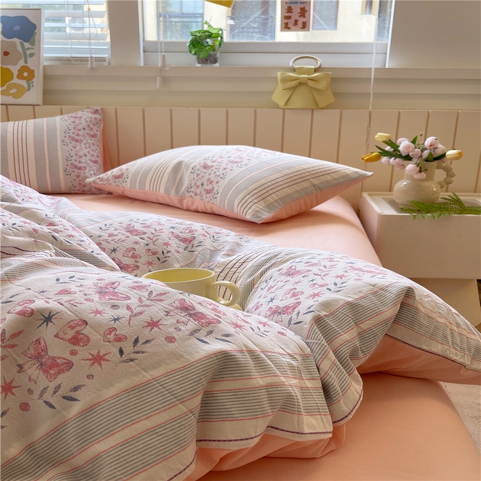 91家纺网 家纺一手货源 找家纺 琪格格纺织 2025新款全棉纯棉色织提花小清新四件套 梦蝶-粉