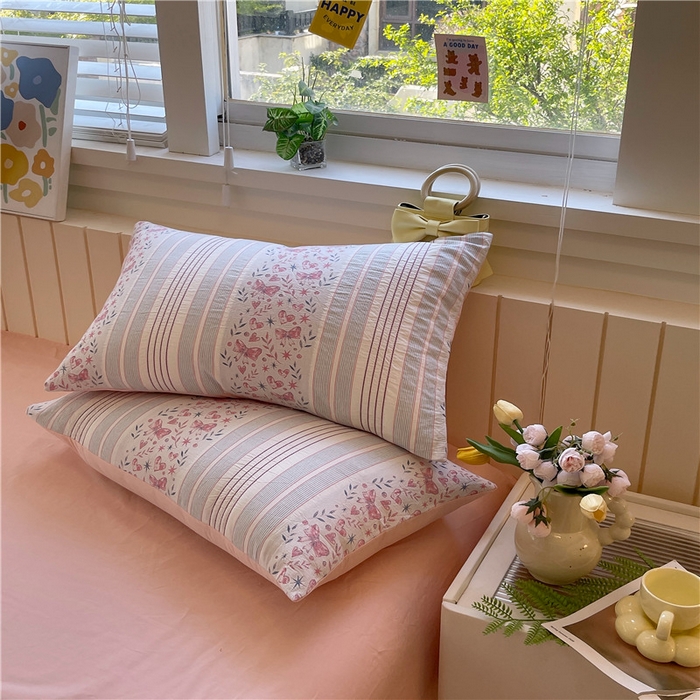 91家纺网 家纺一手货源 找家纺 琪格格纺织 2025新款全棉纯棉色织提花小清新四件套 梦蝶-粉