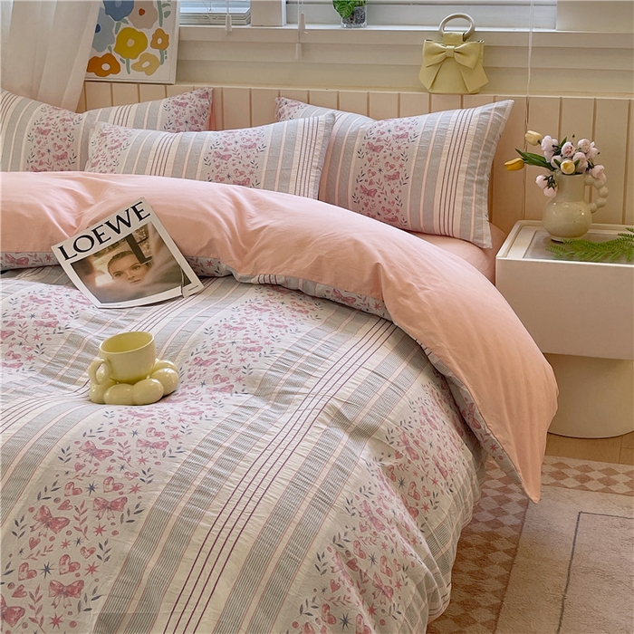 91家纺网 家纺一手货源 找家纺 琪格格纺织 2025新款全棉纯棉色织提花小清新四件套 梦蝶-粉