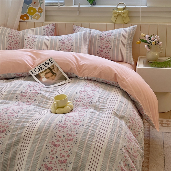 91家纺网 家纺一手货源 找家纺 琪格格纺织 2025新款全棉纯棉色织提花小清新四件套 梦蝶-粉