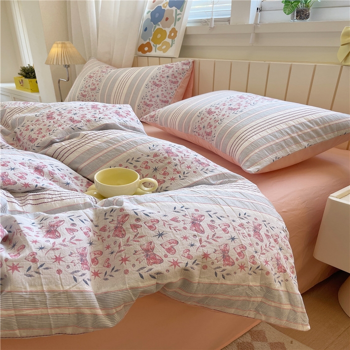 91家纺网 家纺一手货源 找家纺 琪格格纺织 2025新款全棉纯棉色织提花小清新四件套 梦蝶-粉