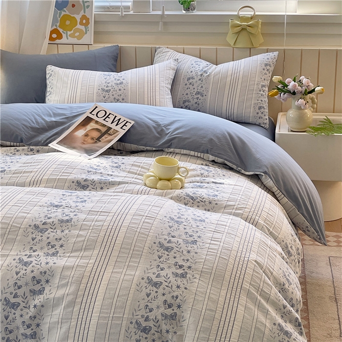 91家纺网 家纺一手货源 找家纺 琪格格纺织 2025新款全棉纯棉色织提花小清新四件套 梦蝶-兰