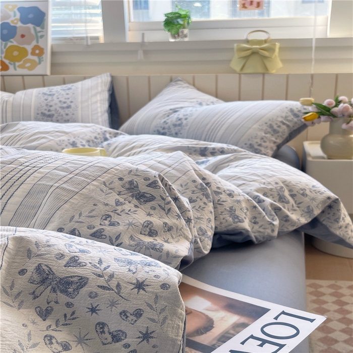 91家纺网 家纺一手货源 找家纺 琪格格纺织 2025新款全棉纯棉色织提花小清新四件套 梦蝶-兰