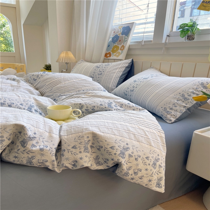 91家纺网 家纺一手货源 找家纺 琪格格纺织 2025新款全棉纯棉色织提花小清新四件套 梦蝶-兰