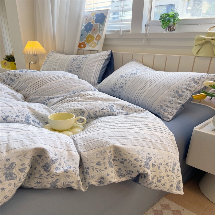 91家纺网 家纺一手货源 找家纺 琪格格纺织 2025新款全棉纯棉色织提花小清新四件套 梦蝶-兰