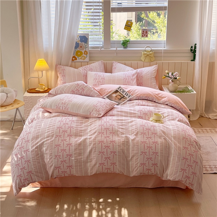 91家纺网 家纺一手货源 找家纺 琪格格纺织 2025新款全棉纯棉色织提花小清新四件套 伊芙琳-粉