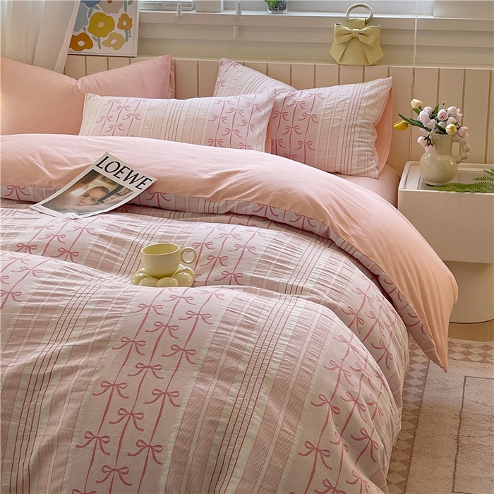 91家纺网 家纺一手货源 找家纺 琪格格纺织 2025新款全棉纯棉色织提花小清新四件套 伊芙琳-粉