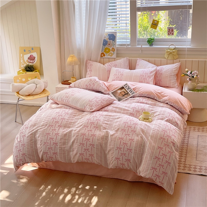 91家纺网 家纺一手货源 找家纺 琪格格纺织 2025新款全棉纯棉色织提花小清新四件套 伊芙琳-粉