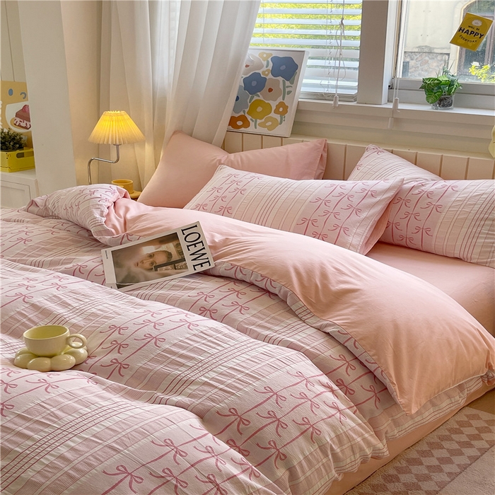 91家纺网 家纺一手货源 找家纺 琪格格纺织 2025新款全棉纯棉色织提花小清新四件套 伊芙琳-粉