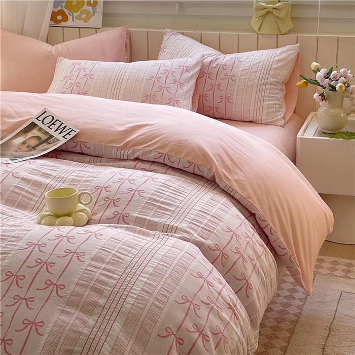 91家纺网 家纺一手货源 找家纺 琪格格纺织 2025新款全棉纯棉色织提花小清新四件套 伊芙琳-粉