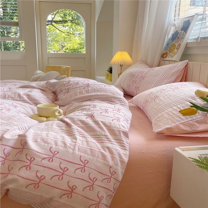 91家纺网 家纺一手货源 找家纺 琪格格纺织 2025新款全棉纯棉色织提花小清新四件套 伊芙琳-粉