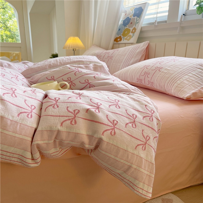 91家纺网 家纺一手货源 找家纺 琪格格纺织 2025新款全棉纯棉色织提花小清新四件套 伊芙琳-粉