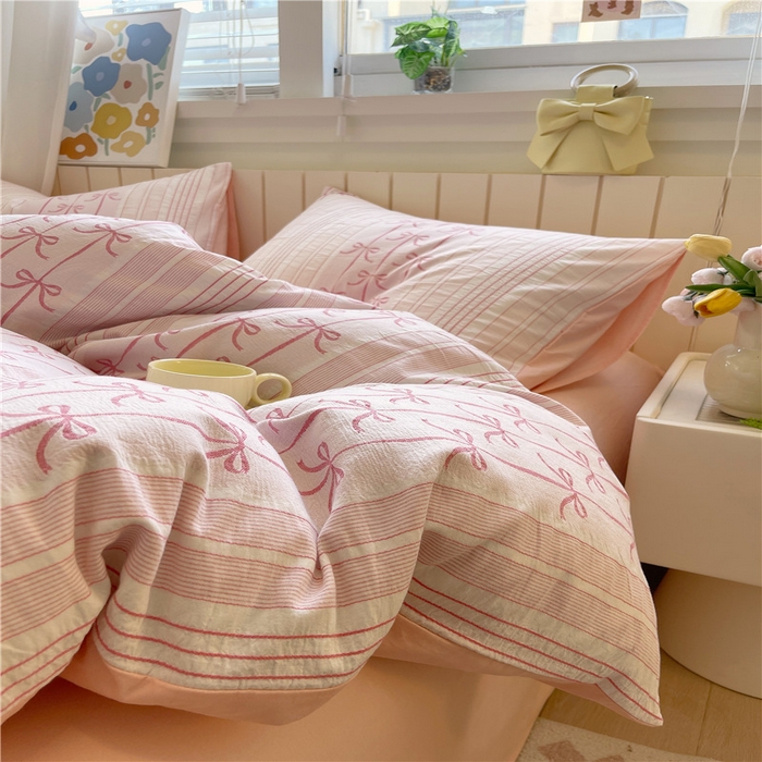 91家纺网 家纺一手货源 找家纺 琪格格纺织 2025新款全棉纯棉色织提花小清新四件套 伊芙琳-粉