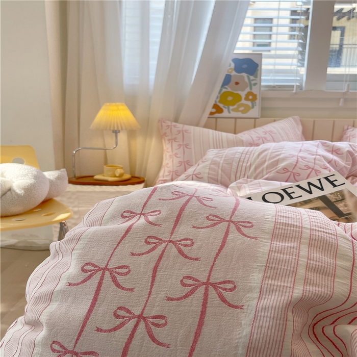 91家纺网 家纺一手货源 找家纺 琪格格纺织 2025新款全棉纯棉色织提花小清新四件套 伊芙琳-粉