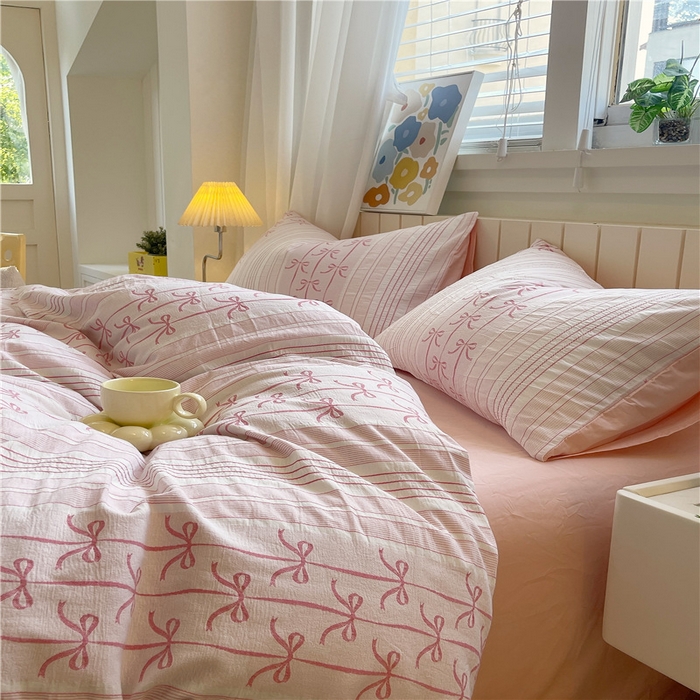 91家纺网 家纺一手货源 找家纺 琪格格纺织 2025新款全棉纯棉色织提花小清新四件套 伊芙琳-粉