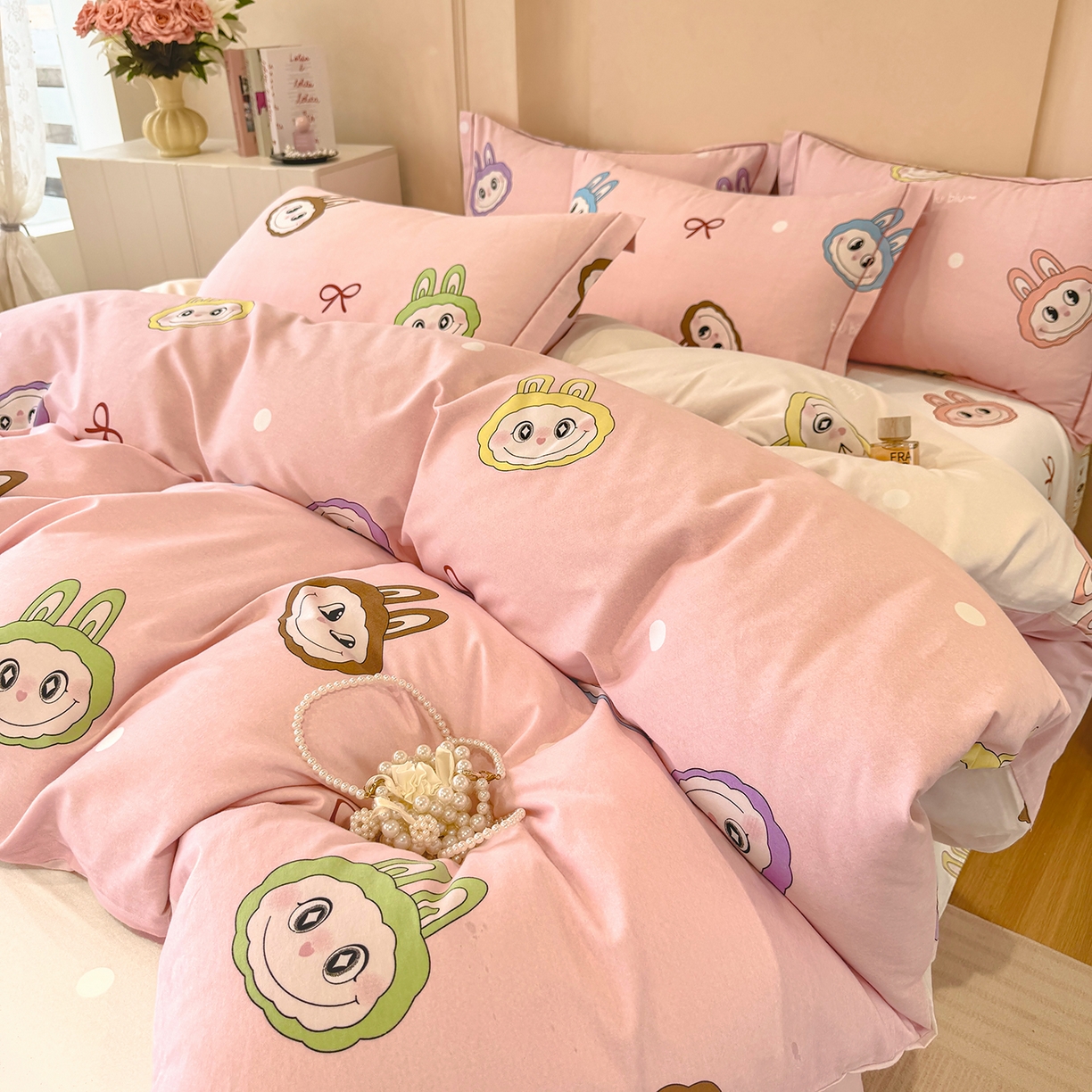 91家纺网 家纺一手货源 找家纺 壹贝家纺 2025新款A类100%全棉加厚磨毛四件套系列 拉多-粉