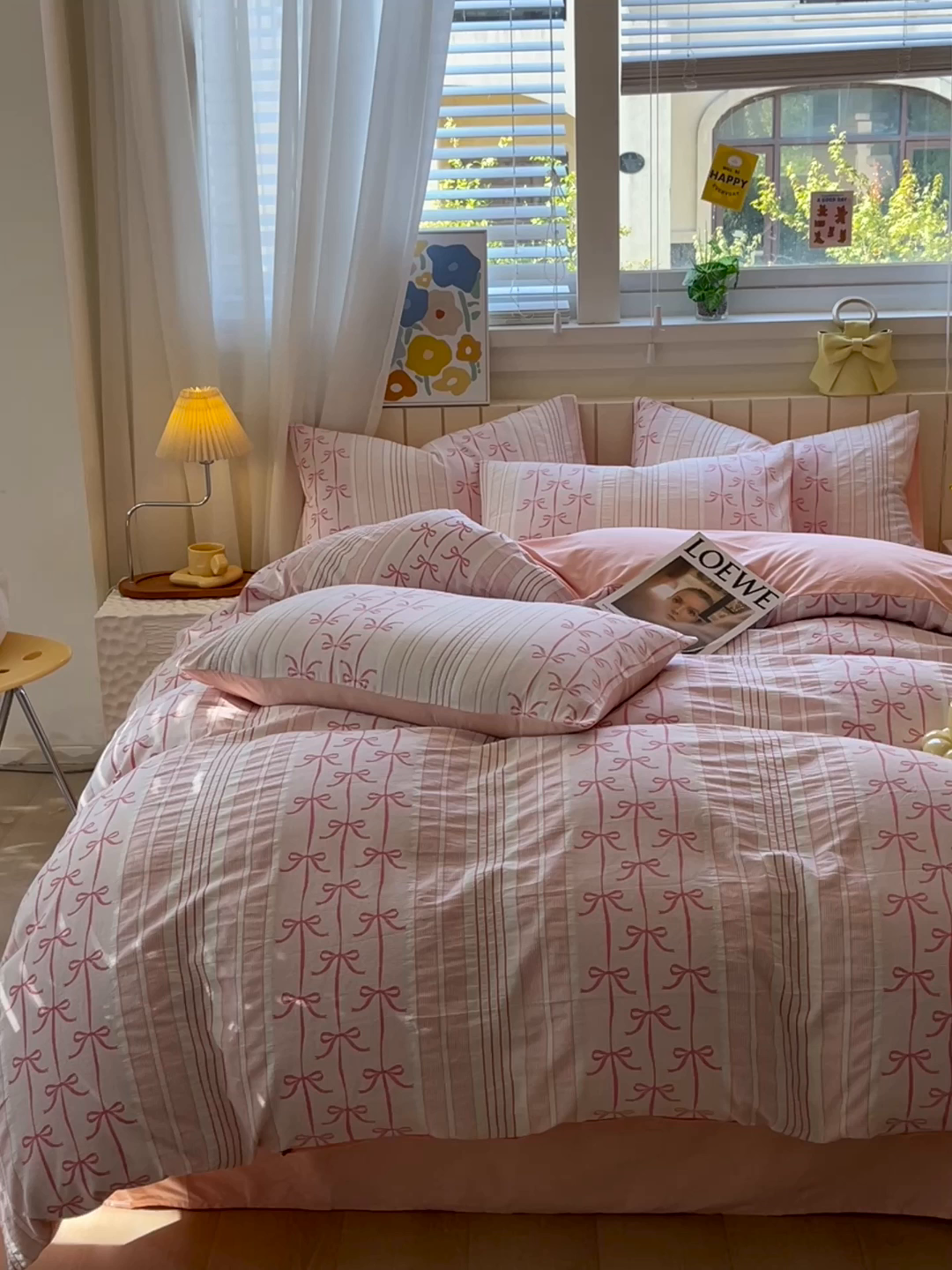 91家纺网 家纺一手货源 找家纺 琪格格纺织 2025新款全棉纯棉色织提花小清新四件套 伊芙琳-粉