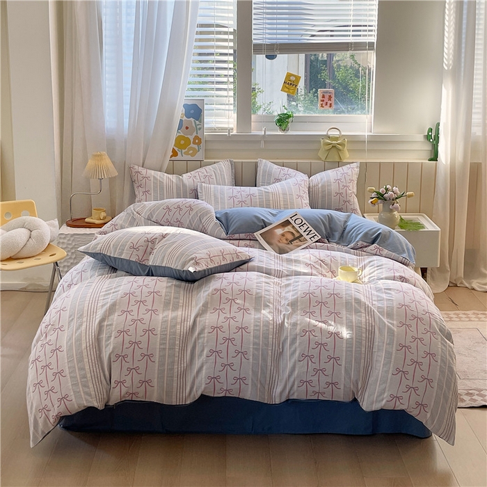 91家纺网 家纺一手货源 找家纺 琪格格纺织 2025新款全棉纯棉色织提花小清新四件套 伊芙琳-兰