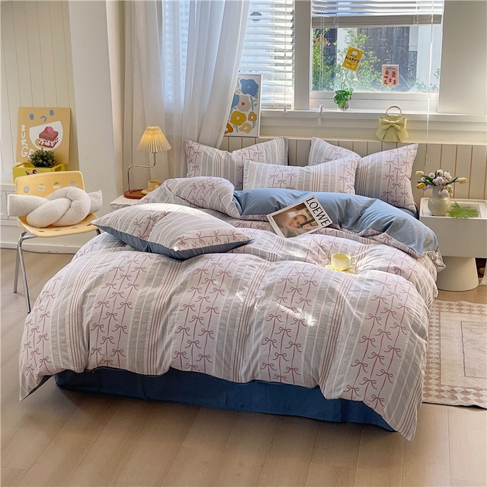 91家纺网 家纺一手货源 找家纺 琪格格纺织 2025新款全棉纯棉色织提花小清新四件套 伊芙琳-兰