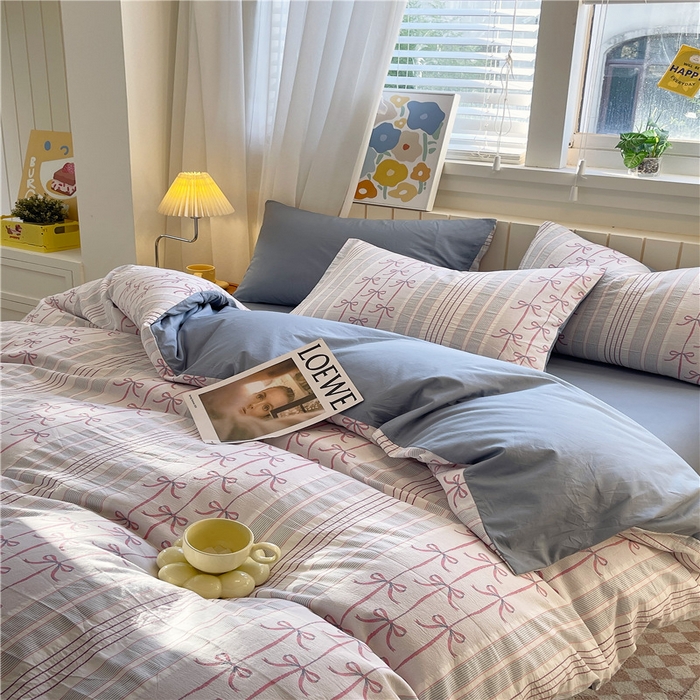 91家纺网 家纺一手货源 找家纺 琪格格纺织 2025新款全棉纯棉色织提花小清新四件套 伊芙琳-兰